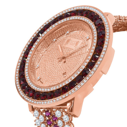 Mens Genuine Diamond Dial Roman Face 18K Rose Gold Ruby Red Solitaire Bezel Custom Band Watch W/Date Function
