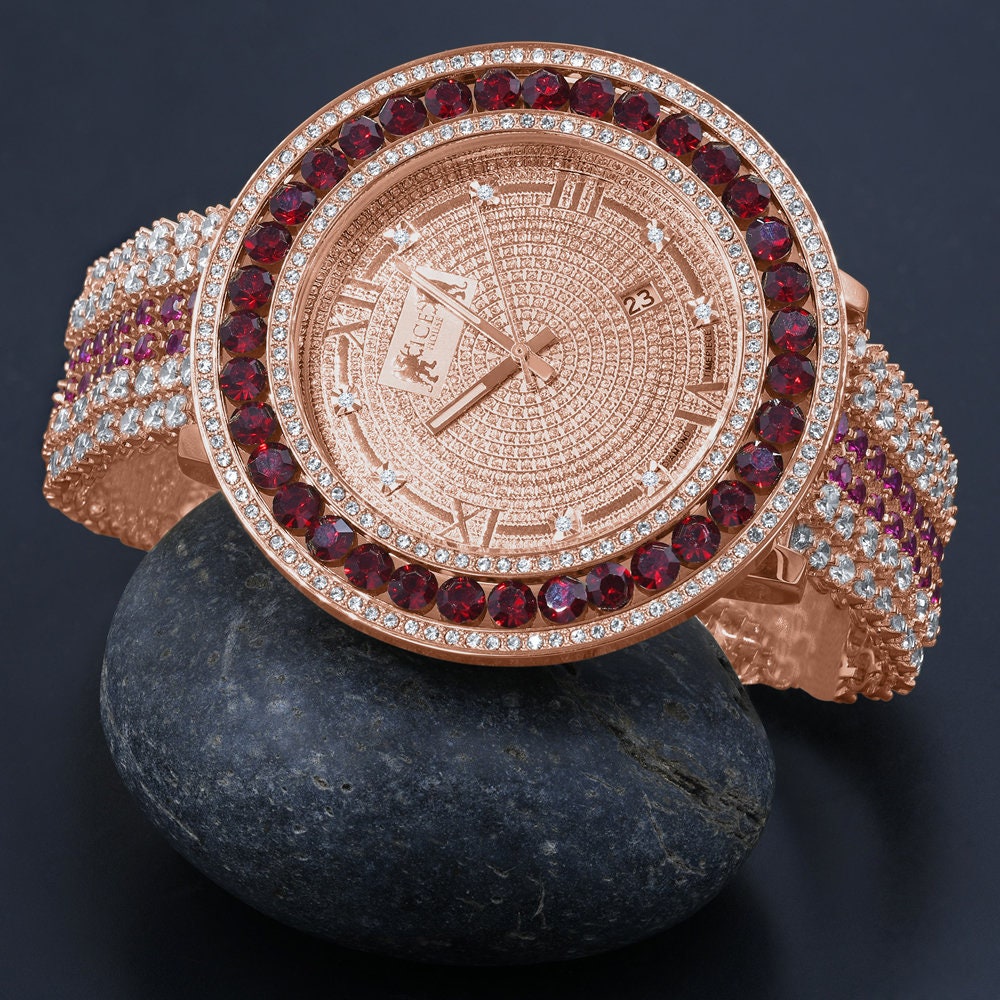 Mens Genuine Diamond Dial Roman Face 18K Rose Gold Ruby Red Solitaire Bezel Custom Band Watch W/Date Function
