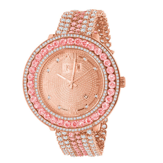 18K Rose Gold Genuine Diamond Dial Roman Face  Pink Solitaire Bezel Custom Band Watch W/Date Function