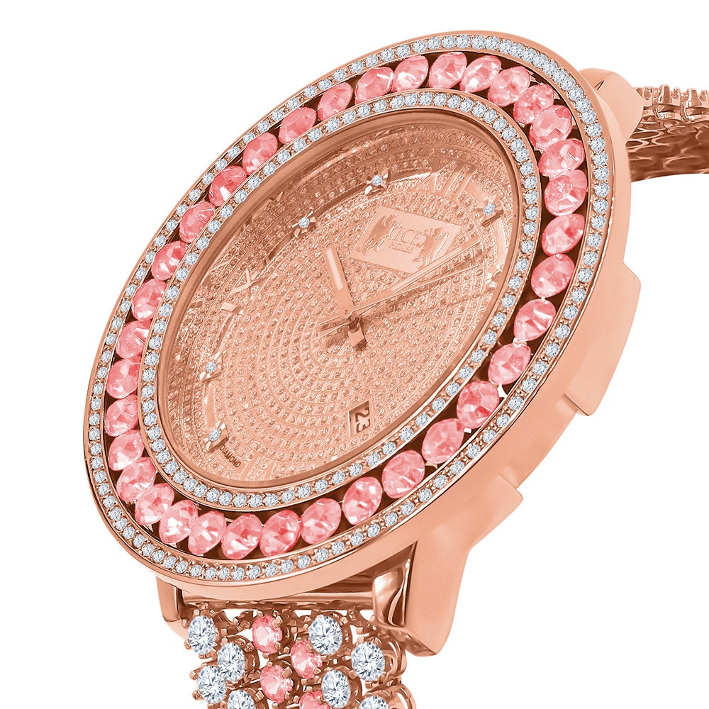 18K Rose Gold Genuine Diamond Dial Roman Face  Pink Solitaire Bezel Custom Band Watch W/Date Function