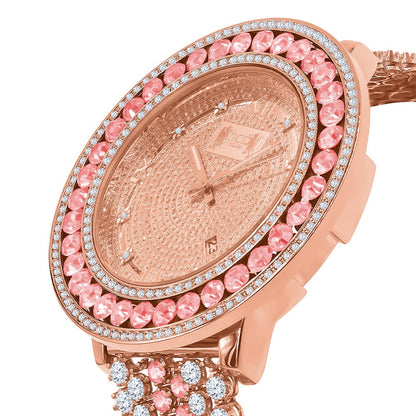 18K Rose Gold Genuine Diamond Dial Roman Face  Pink Solitaire Bezel Custom Band Watch W/Date Function