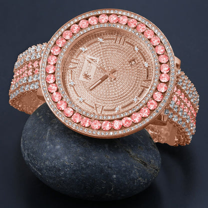 18K Rose Gold Genuine Diamond Dial Roman Face  Pink Solitaire Bezel Custom Band Watch W/Date Function