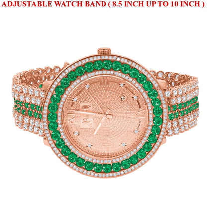 Roman Face Rose Gold Genuine Diamond Dial Green Solitaire Bezel Custom Band Watch W/Date Function