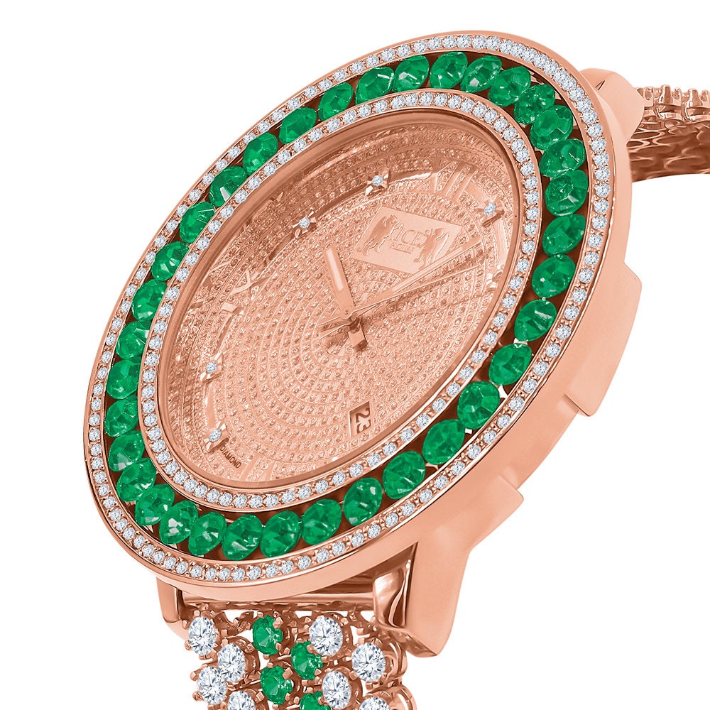 Roman Face Rose Gold Genuine Diamond Dial Green Solitaire Bezel Custom Band Watch W/Date Function