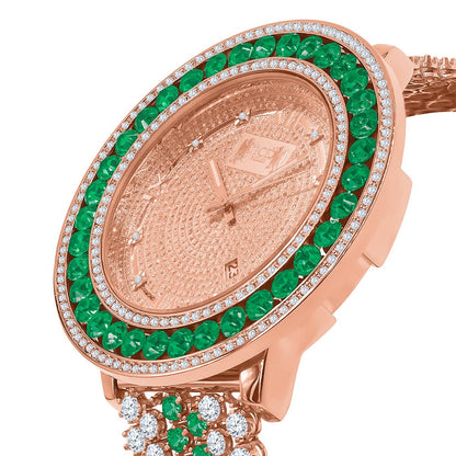 Roman Face Rose Gold Genuine Diamond Dial Green Solitaire Bezel Custom Band Watch W/Date Function