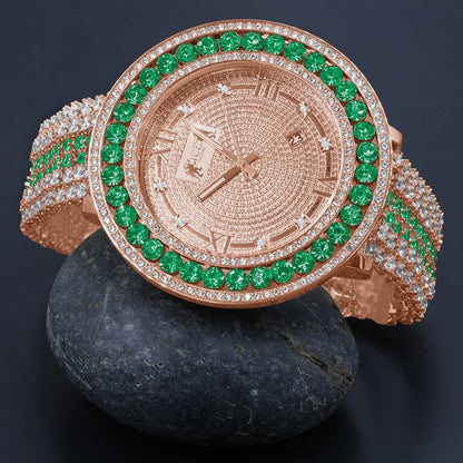 Roman Face Rose Gold Genuine Diamond Dial Green Solitaire Bezel Custom Band Watch W/Date Function