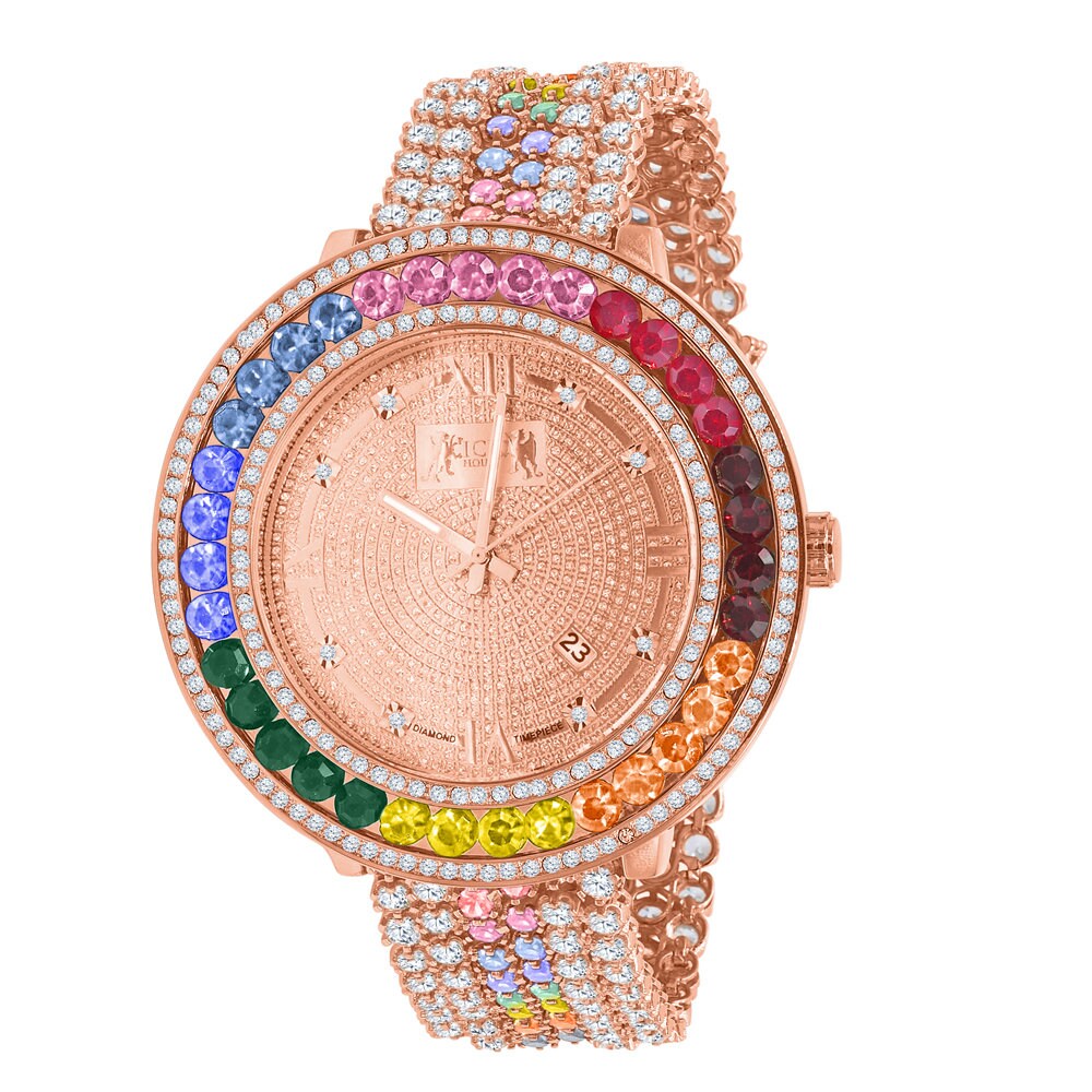 Rainbow Multi Tone Roman Face Rose Gold Genuine Diamond Dial Solitaire Bezel Custom Band Watch W/Date Function