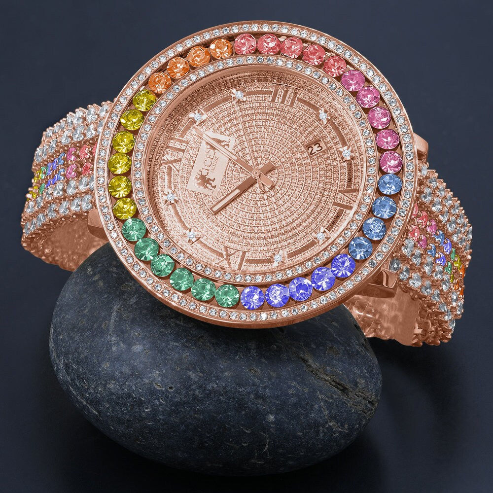 Rainbow Multi Tone Roman Face Rose Gold Genuine Diamond Dial Solitaire Bezel Custom Band Watch W/Date Function
