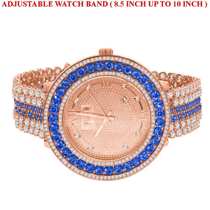 Blue Solitaire Bezel Roman Face Rose Gold Genuine Diamond Dial Custom Band Watch W/Date Function