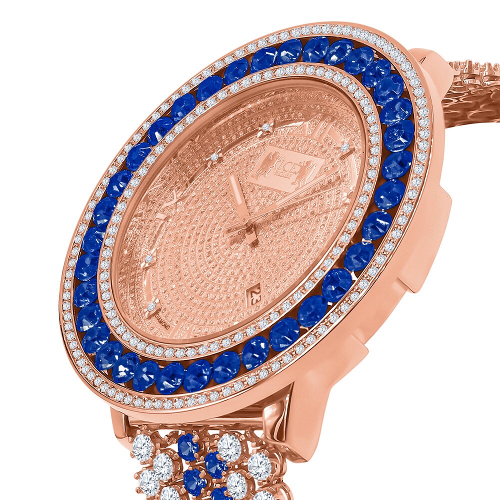Blue Solitaire Bezel Roman Face Rose Gold Genuine Diamond Dial Custom Band Watch W/Date Function