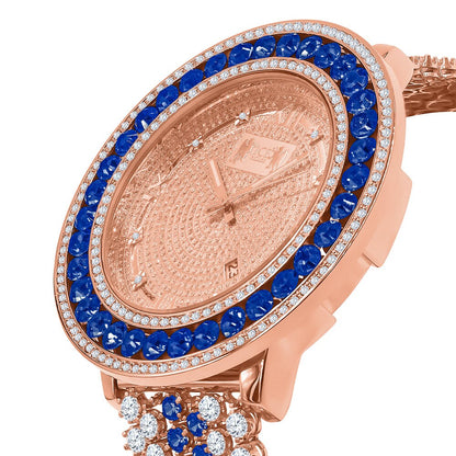 Blue Solitaire Bezel Roman Face Rose Gold Genuine Diamond Dial Custom Band Watch W/Date Function