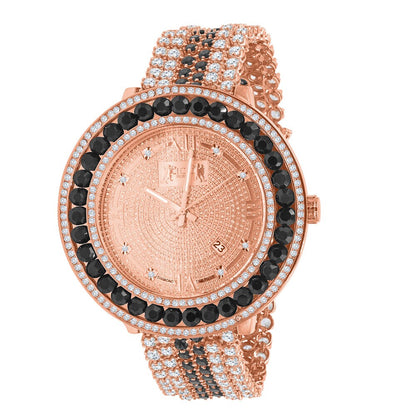 Onyx Black Solitaire Bezel Roman Face Rose Gold Genuine Diamond Dial Custom Band Watch W/Date Function