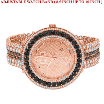 Onyx Black Solitaire Bezel Roman Face Rose Gold Genuine Diamond Dial Custom Band Watch W/Date Function