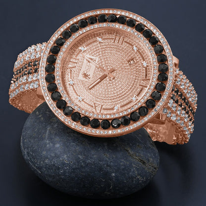 Onyx Black Solitaire Bezel Roman Face Rose Gold Genuine Diamond Dial Custom Band Watch W/Date Function