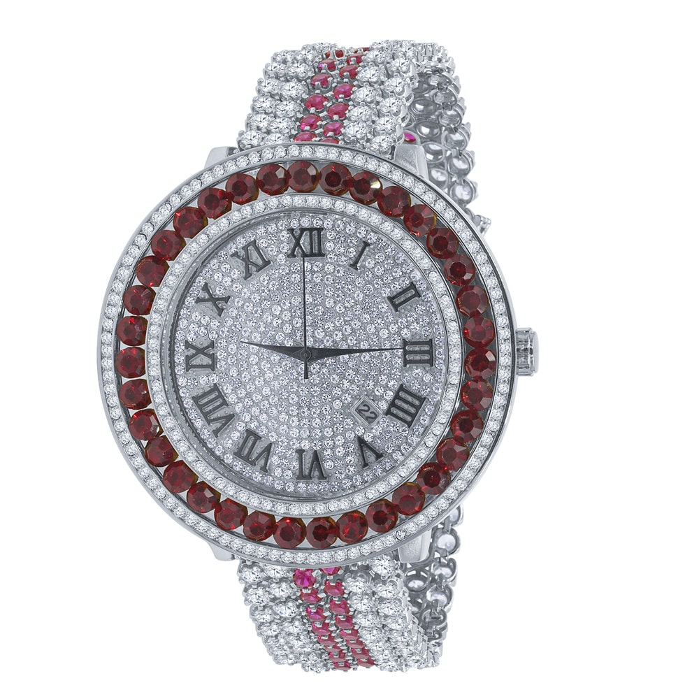 18K White Gold Finish Simulated Diamond Roman numeral Dial Ruby Red Solitaire Face Custom Watch W/Date