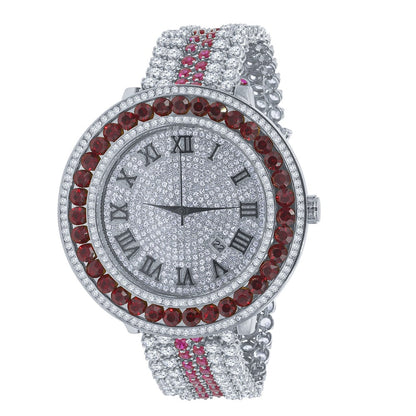 18K White Gold Finish Simulated Diamond Roman numeral Dial Ruby Red Solitaire Face Custom Watch W/Date
