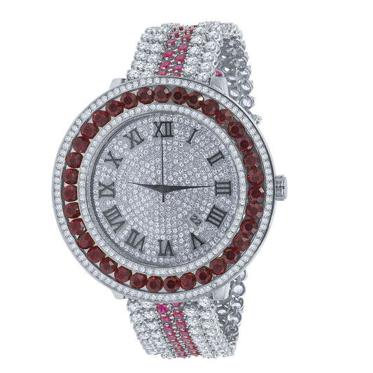 18K White Gold Finish Simulated Diamond Roman numeral Dial Ruby Red Solitaire Face Custom Watch W/Date