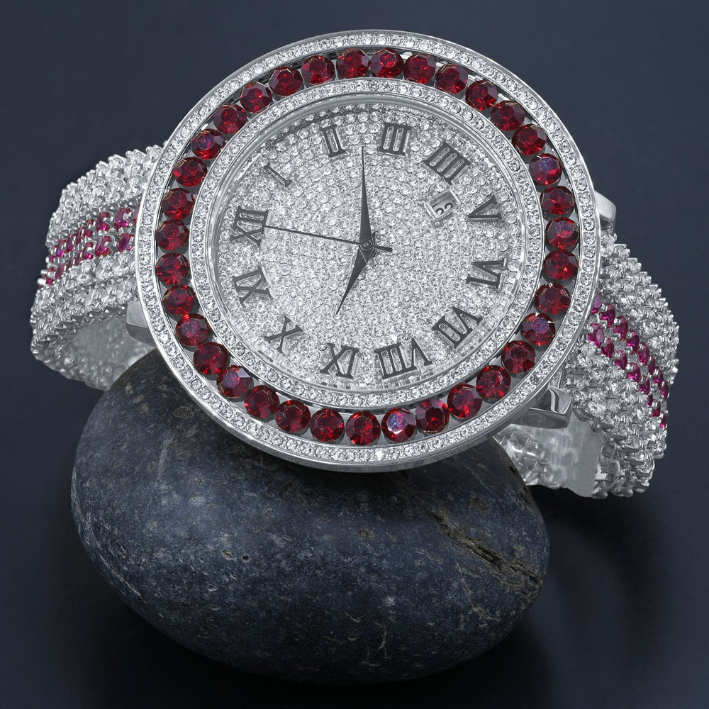 18K White Gold Finish Simulated Diamond Roman numeral Dial Ruby Red Solitaire Face Custom Watch W/Date