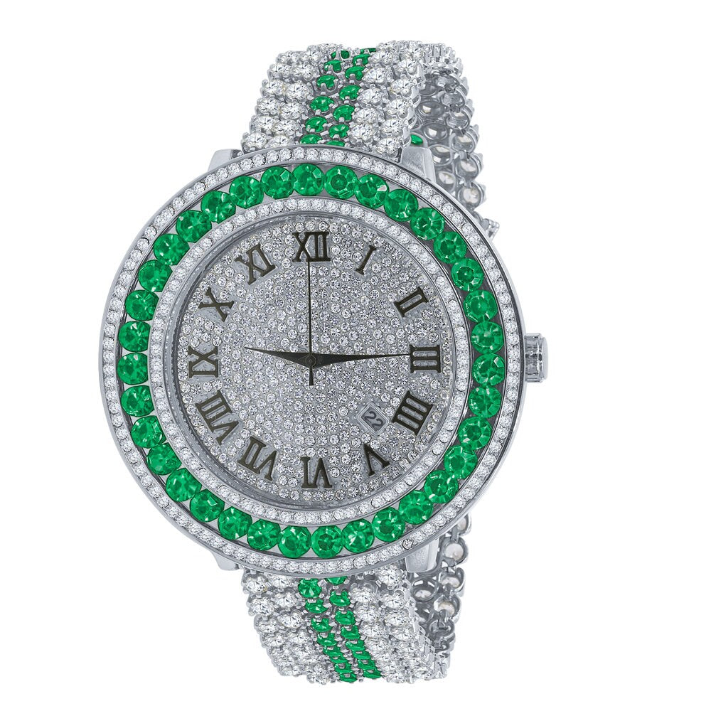 Mens Green Solitaire Bezel Roman numeral Dial White Gold Finish Simulated Diamond Custom Watch W/Date