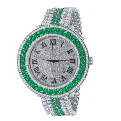 Mens Green Solitaire Bezel Roman numeral Dial White Gold Finish Simulated Diamond Custom Watch W/Date