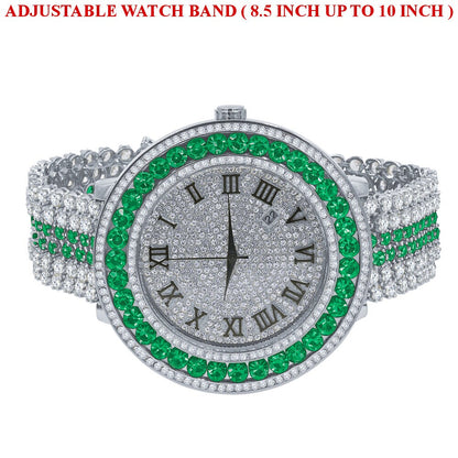 Mens Green Solitaire Bezel Roman numeral Dial White Gold Finish Simulated Diamond Custom Watch W/Date