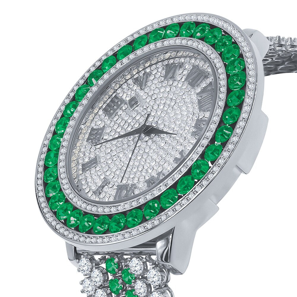 Mens Green Solitaire Bezel Roman numeral Dial White Gold Finish Simulated Diamond Custom Watch W/Date