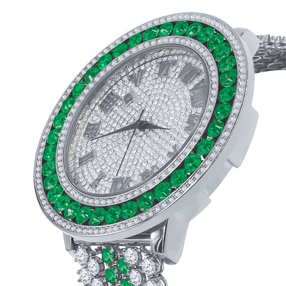 Mens Green Solitaire Bezel Roman numeral Dial White Gold Finish Simulated Diamond Custom Watch W/Date