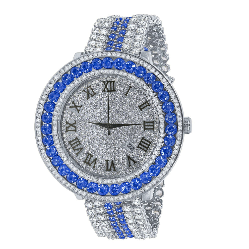 Blue Solitaire Bezel Roman numeral Dial White Gold Finish Simulated Diamond Custom Mens Watch W/Date