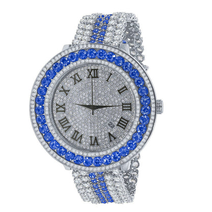 Blue Solitaire Bezel Roman numeral Dial White Gold Finish Simulated Diamond Custom Mens Watch W/Date