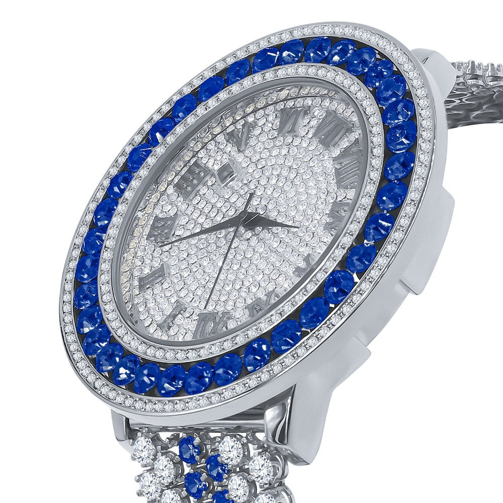 Blue Solitaire Bezel Roman numeral Dial White Gold Finish Simulated Diamond Custom Mens Watch W/Date