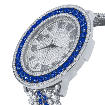 Blue Solitaire Bezel Roman numeral Dial White Gold Finish Simulated Diamond Custom Mens Watch W/Date