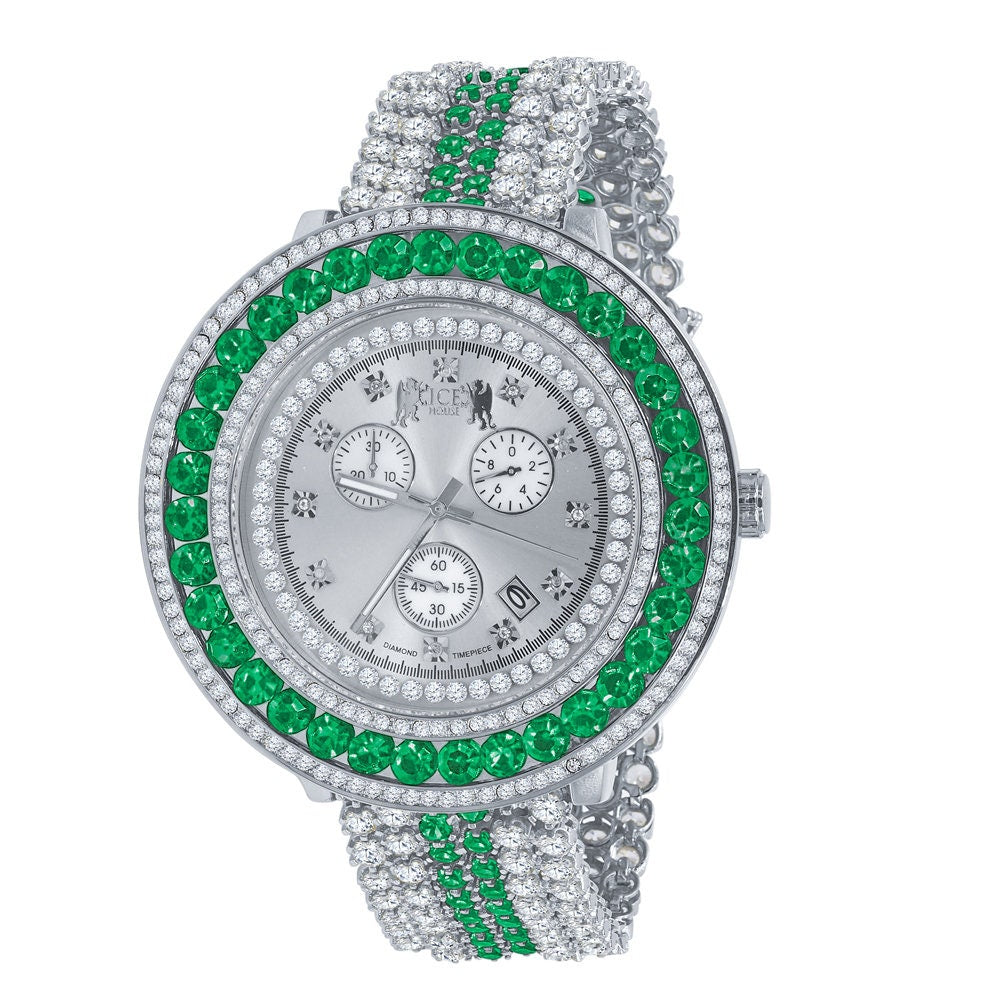 Mens Green Emerald Custom Watch Real Diamond Dial 18k White Gold Finish Stainless Steel Back XL 60mm  W/Date