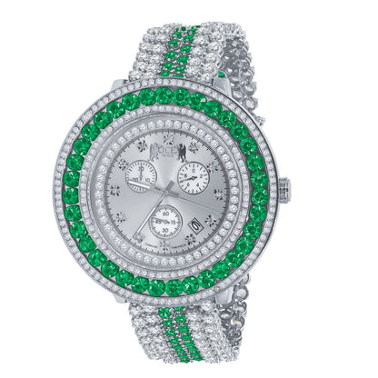 Mens Green Emerald Custom Watch Real Diamond Dial 18k White Gold Finish Stainless Steel Back XL 60mm  W/Date