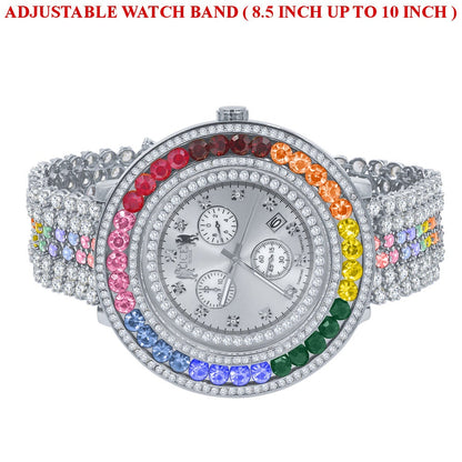 Mens Custom Watch Rainbow Multi Tone Real Diamond Dial 18k White Gold Finish Stainless Steel Back XL 60mm  W/Date