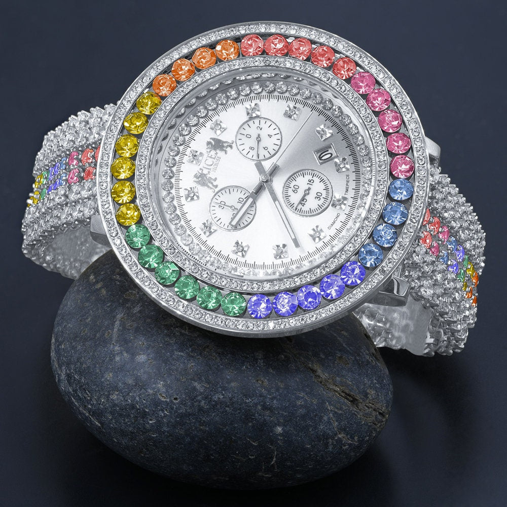 Mens Custom Watch Rainbow Multi Tone Real Diamond Dial 18k White Gold Finish Stainless Steel Back XL 60mm  W/Date