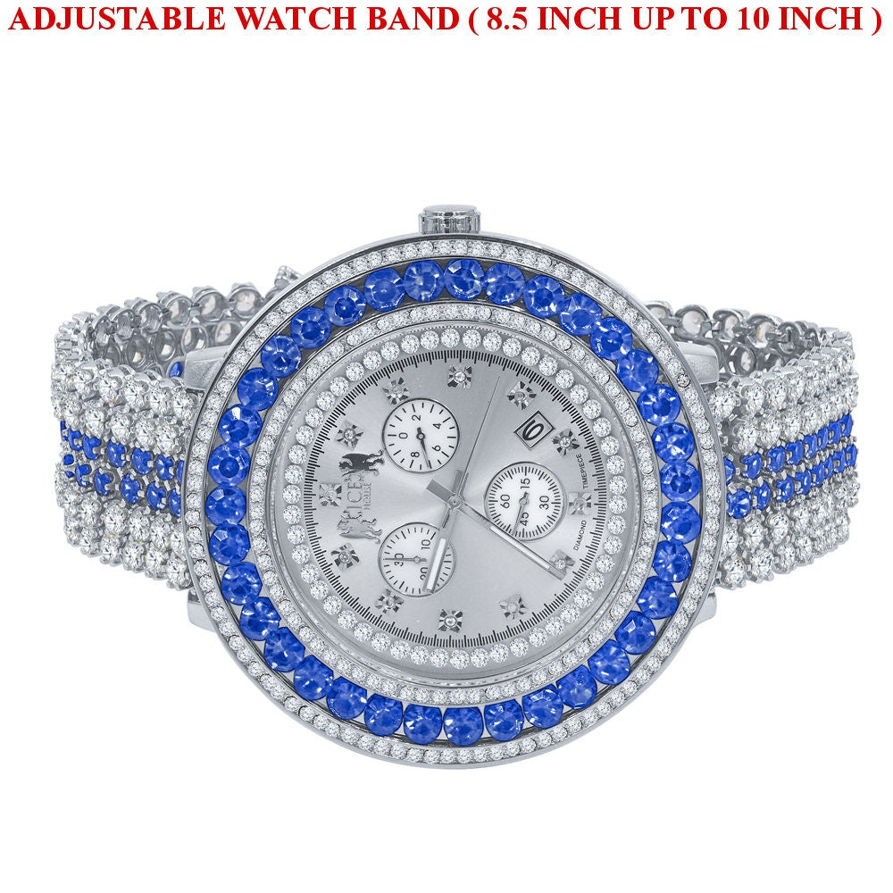 18k White Gold Finish Custom Watch Real Diamond Dial Blue Bezel & Band Stainless Steel Back XL 60mm  W/Date