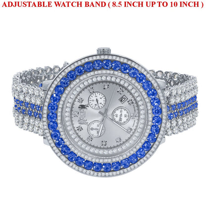 18k White Gold Finish Custom Watch Real Diamond Dial Blue Bezel & Band Stainless Steel Back XL 60mm  W/Date