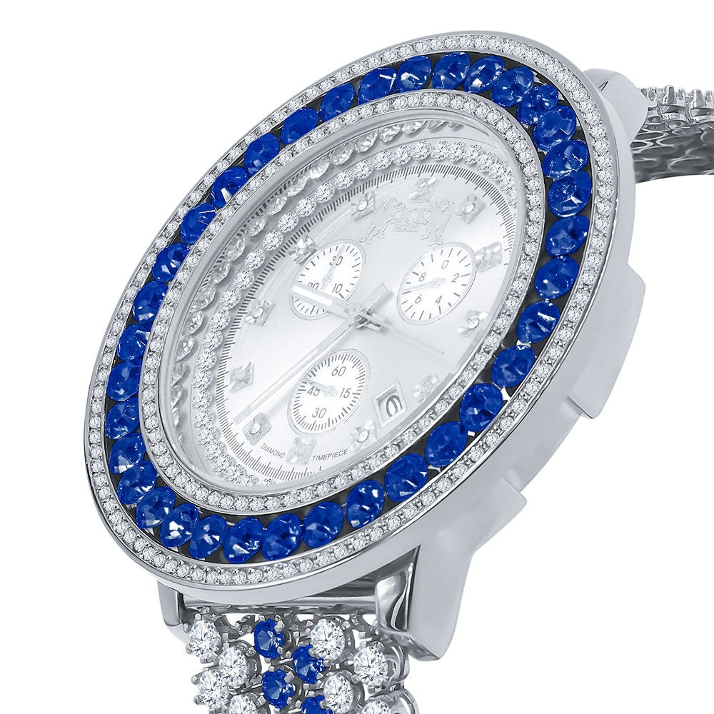 18k White Gold Finish Custom Watch Real Diamond Dial Blue Bezel & Band Stainless Steel Back XL 60mm  W/Date