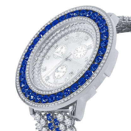 18k White Gold Finish Custom Watch Real Diamond Dial Blue Bezel & Band Stainless Steel Back XL 60mm  W/Date