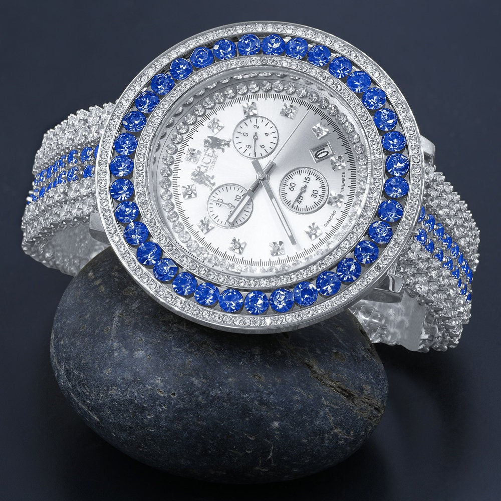 18k White Gold Finish Custom Watch Real Diamond Dial Blue Bezel & Band Stainless Steel Back XL 60mm  W/Date