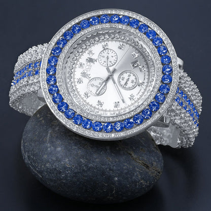 18k White Gold Finish Custom Watch Real Diamond Dial Blue Bezel & Band Stainless Steel Back XL 60mm  W/Date