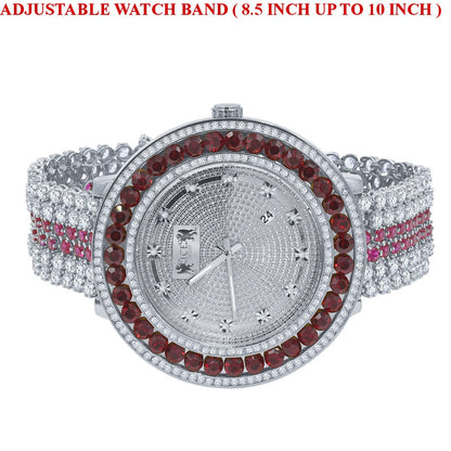 Iced Out Mens Ruby Red Watch 14K Gold Finish Genuine Diamond Dial Khronos Stainless Steel Back W/Date