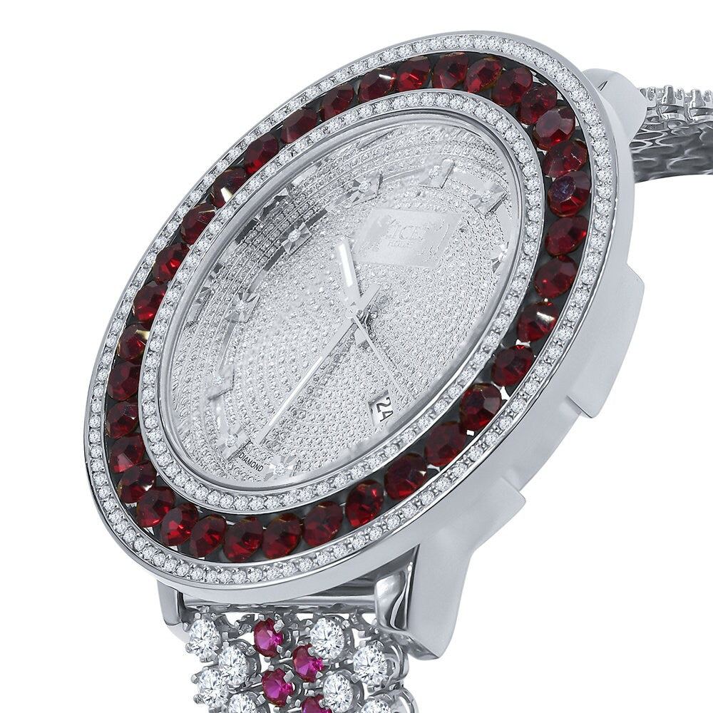 Iced Out Mens Ruby Red Watch 14K Gold Finish Genuine Diamond Dial Khronos Stainless Steel Back W/Date