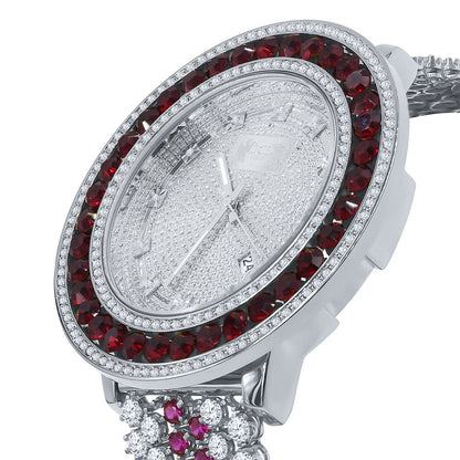 Iced Out Mens Ruby Red Watch 14K Gold Finish Genuine Diamond Dial Khronos Stainless Steel Back W/Date