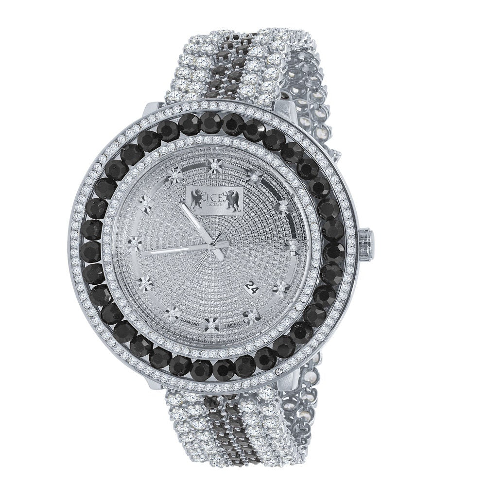 Custom Time Piece Celebrity Inspired Real Diamonds Dial White Gold Tone Iced Out Khronos Onyx Black Watch W/Date Function