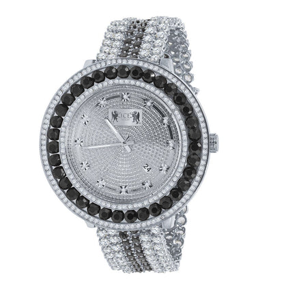 Custom Time Piece Celebrity Inspired Real Diamonds Dial White Gold Tone Iced Out Khronos Onyx Black Watch W/Date Function