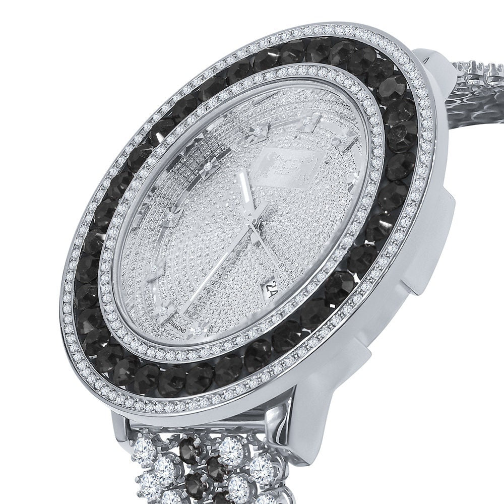 Custom Time Piece Celebrity Inspired Real Diamonds Dial White Gold Tone Iced Out Khronos Onyx Black Watch W/Date Function