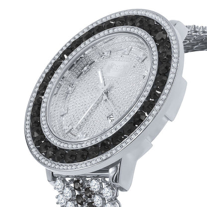Custom Time Piece Celebrity Inspired Real Diamonds Dial White Gold Tone Iced Out Khronos Onyx Black Watch W/Date Function