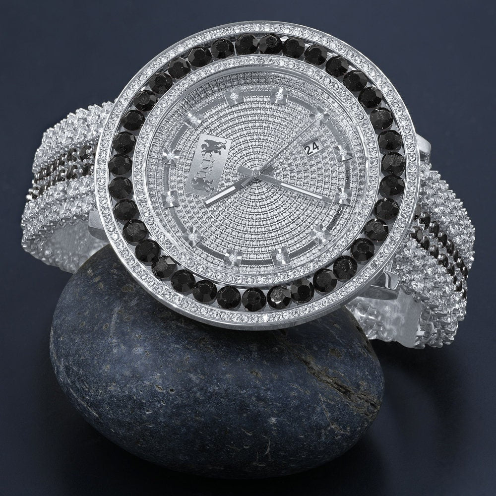 Custom Time Piece Celebrity Inspired Real Diamonds Dial White Gold Tone Iced Out Khronos Onyx Black Watch W/Date Function