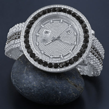 Custom Time Piece Celebrity Inspired Real Diamonds Dial White Gold Tone Iced Out Khronos Onyx Black Watch W/Date Function